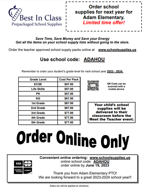 Prepackaged school supplies. Order Online Only by June 19 2023